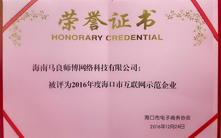 海南馬良師傅喜獲?谑谢ヂ(lián)網(wǎng)示范企業(yè)稱號(hào)